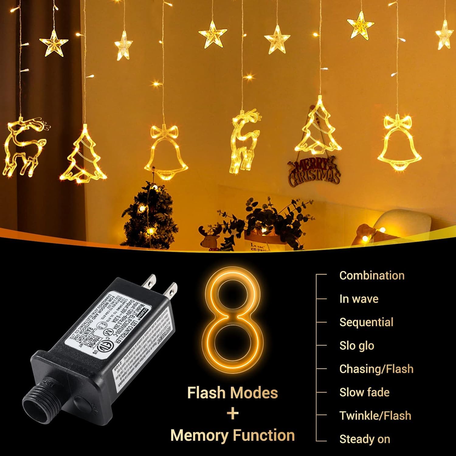 Quntis 138 LED Xmas Curtain Lights – 7.5ft Connectable Star, Elk & Jingle Bell Xmas Tree String Lights with 8 Flashing Modes
