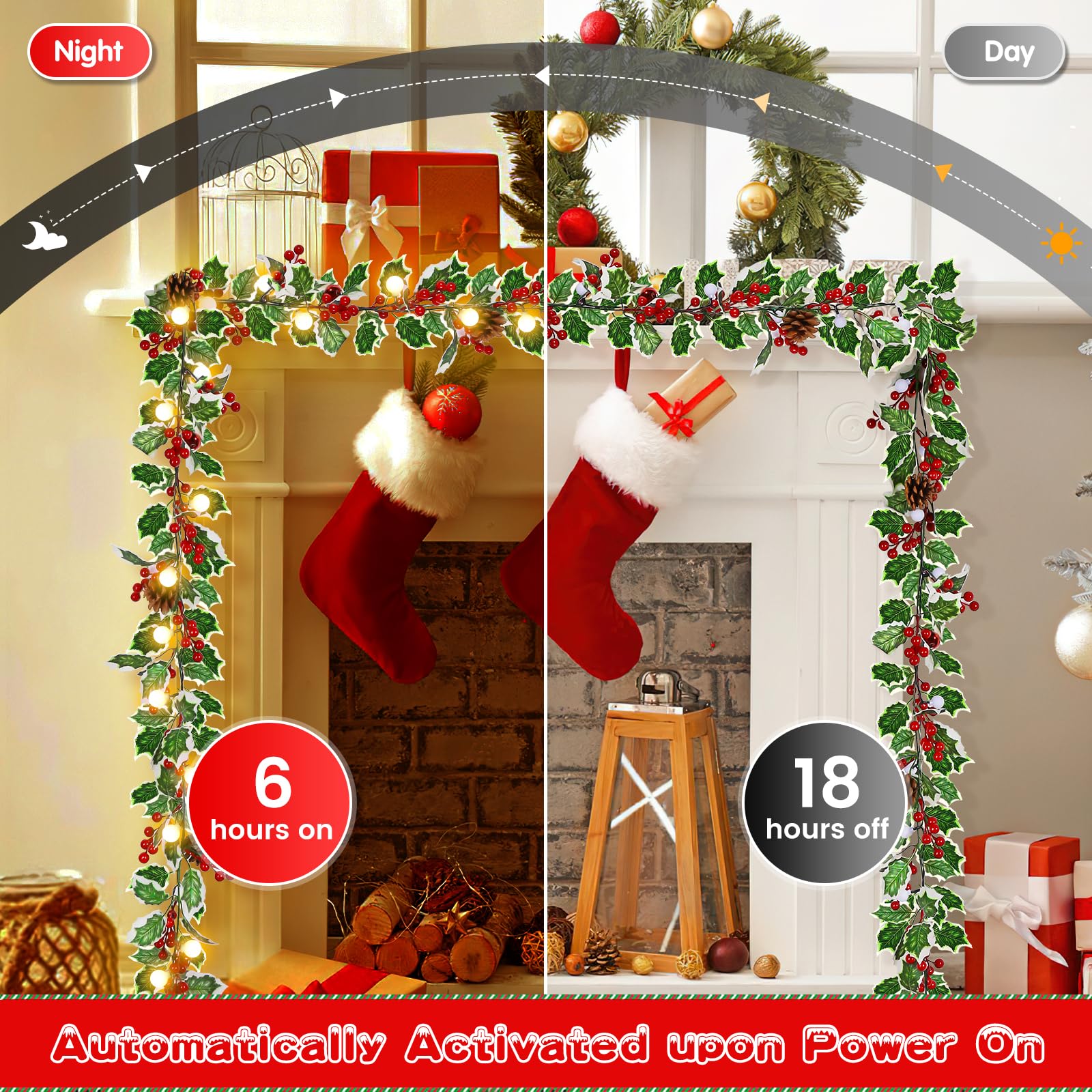حزمة 2 من إكليل التوت الأحمر بمسافة 1.8 متر مع 40 مصباح LED – أوضاع إضاءة متعددة (8 أوضاع) لتزيين أضواء عيد الميلاد الرائعة، مثالي لترتيبات العطلات الاحتفالية.