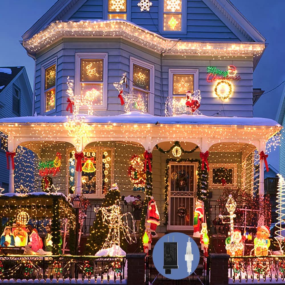 Quntis Luzes de Cortina LED 400 32FT – 80 Gotas de Estalactite & Bola de Cristal, 2 Modos para Decoração de Férias & Natal