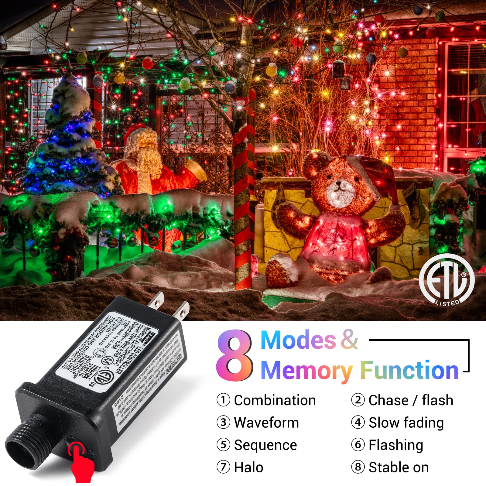 Quntis Christmas Cluster Tree Lights – Multicolor, 8 Modes Plug-In, 2 Sizes for Holiday & Xmas Decor
