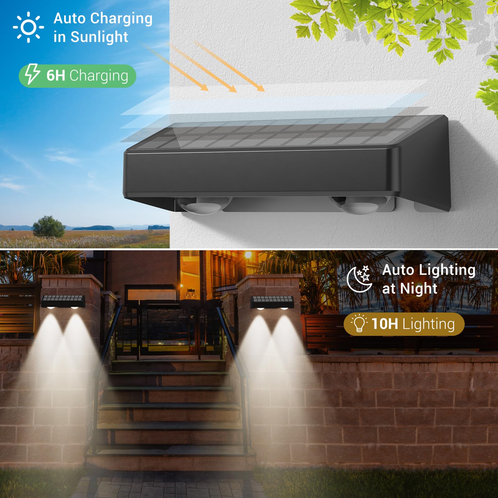 Quntis RGBCW Solar Fence Lights, Warm White and 7 Color Changing, IP65 Waterproof Lighting for Outdoor Fence and Wall