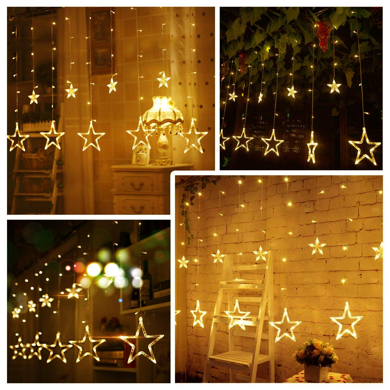 Quntis 138 LED 12-Estrella Conectable 6.5ft Cortina Luces de Navidad – 8 Modos Intermitentes, Decoración de Vacaciones en Blanco Cálido para Navidad y Iluminación Festiva