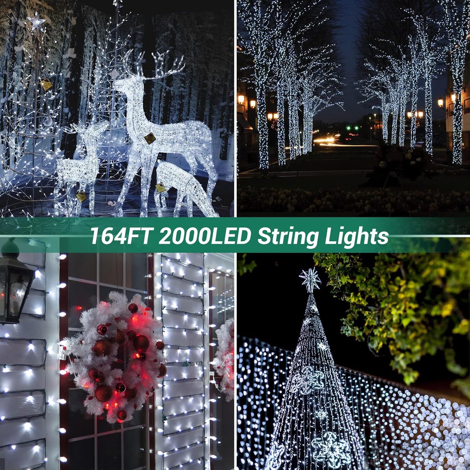 Quntis Christmas Cluster Tree Lights – White, 8 Modes Plug-In, 2 Sizes for Holiday & Xmas Decor