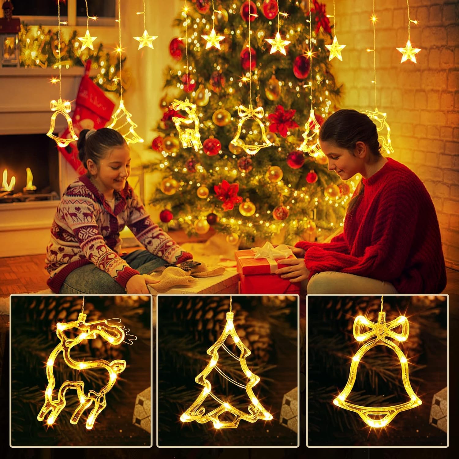 Quntis 138 LED Xmas Curtain Lights – 7.5ft Connectable Star, Elk & Jingle Bell Xmas Tree String Lights with 8 Flashing Modes