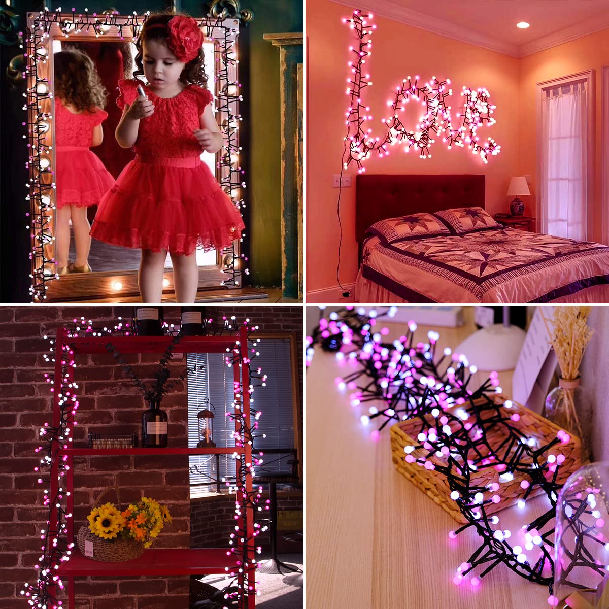 Quntis 13FT Cluster Christmas Lights, 400 LEDs – Pink & White, 8 Twinkle Modes for Holiday Decor