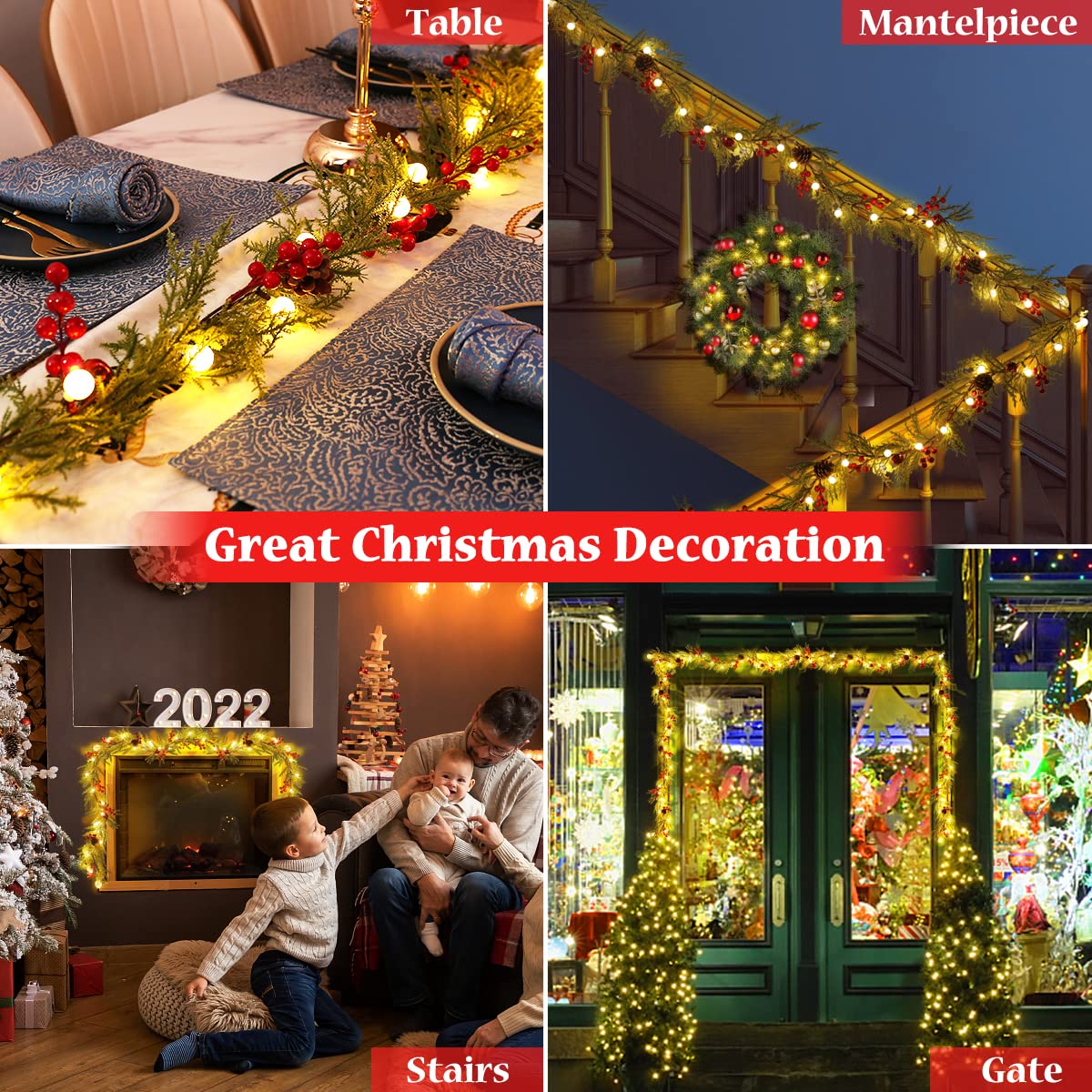 2パック クリスマス ガーランド ライト付き、5.7フィート 20 LED 人工赤ベリー ガーランド クリスマス装飾 パインコーン ベル