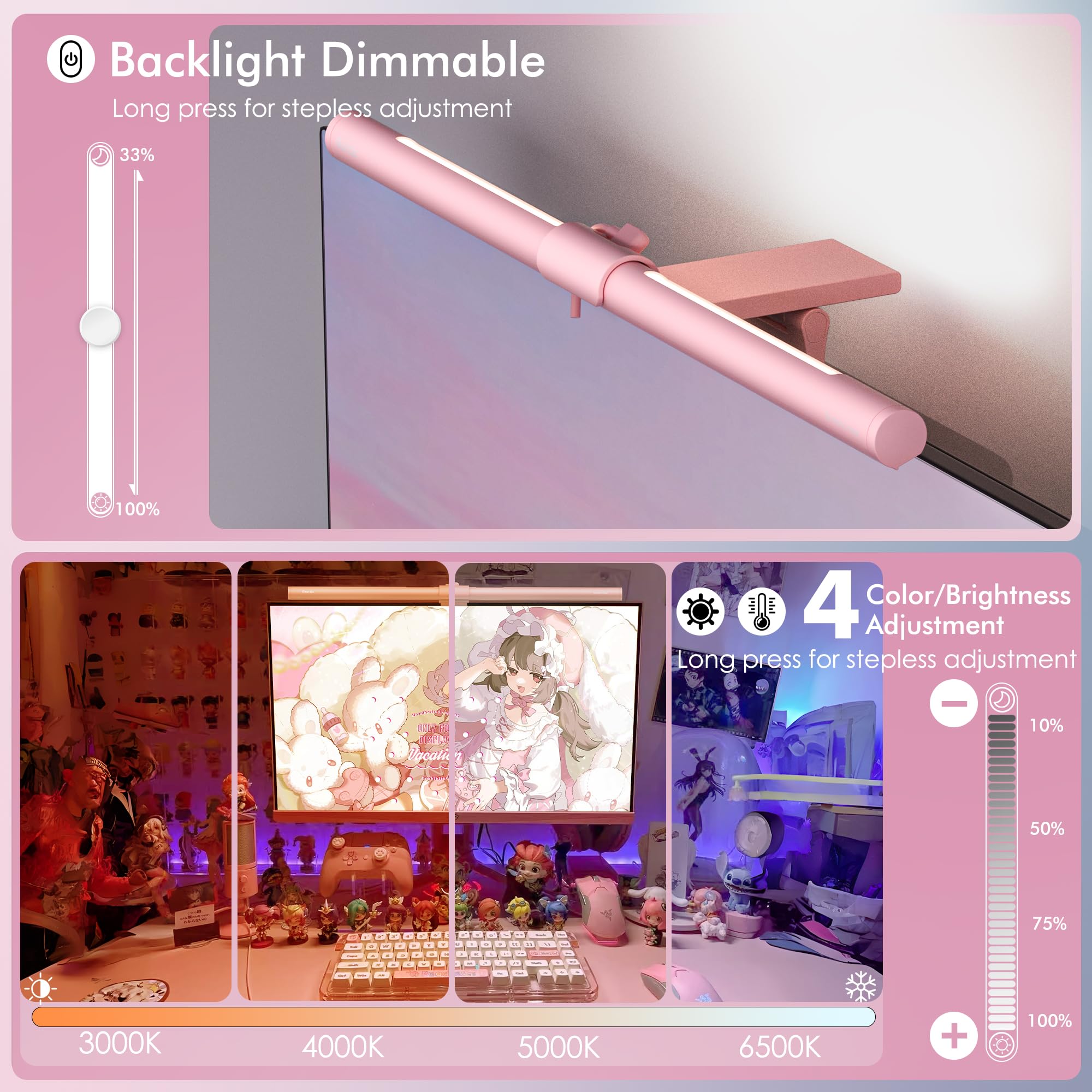 Quntis Pink Monitor Lichtleiste mit Fernbedienung, augenfreundlich ohne Blendung, platzsparende Schreibtischlampe als Geschenk für Mädchen, stufenlos dimmbar, moderne ästhetische Schreibtischlichtleiste für Home Office Gaming Lesen (15,7 Zoll)