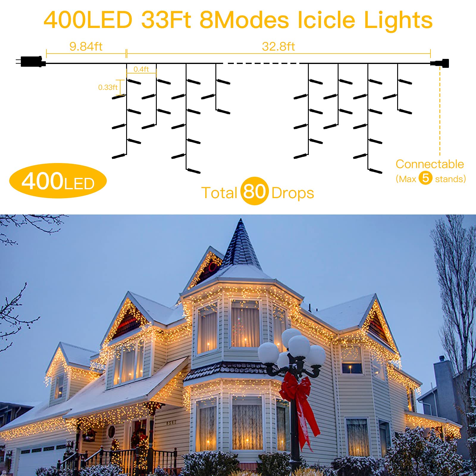 Quntis 400 LED 32FT Vorhanglichter – 80 Tropfen Eiszapfen & Kristallkugel, 2 Modi für Feiertags- & Weihnachtsdekoration