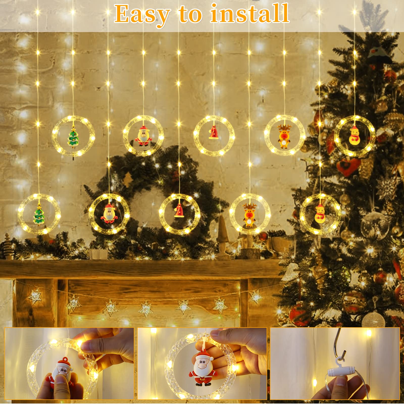 Quntis Weihnachts-LED-Vorhanglichter – 100 LEDs, 9,8FT x 2,3FT Weihnachtsfensterlichter mit 8 Modi für Feiertags- und Weihnachtsdekoration
