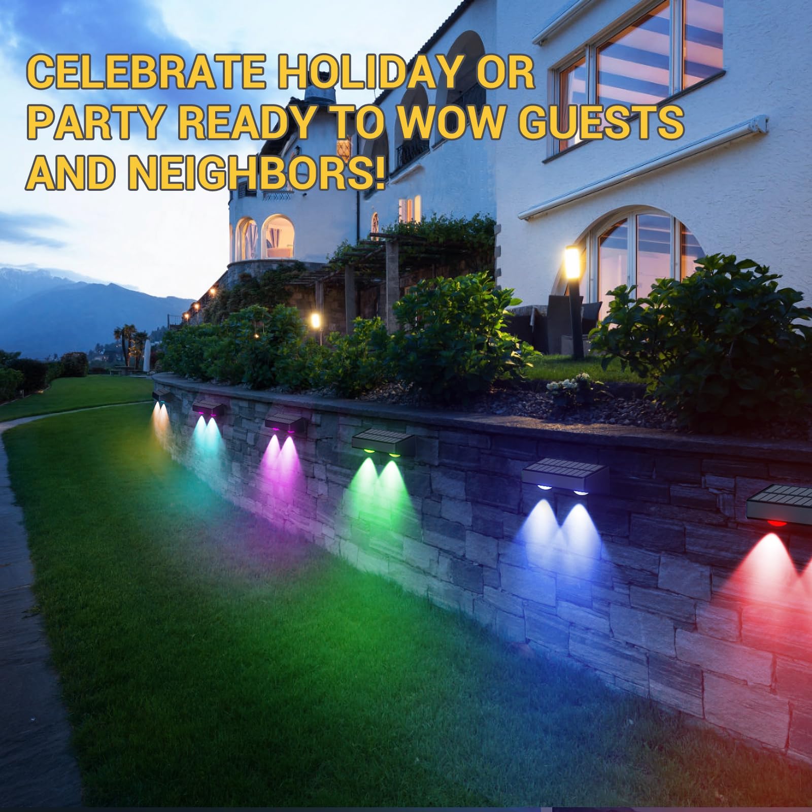 Quntis RGBCW Solar Fence Lights, Warm White and 7 Color Changing, IP65 Waterproof Lighting for Outdoor Fence and Wall