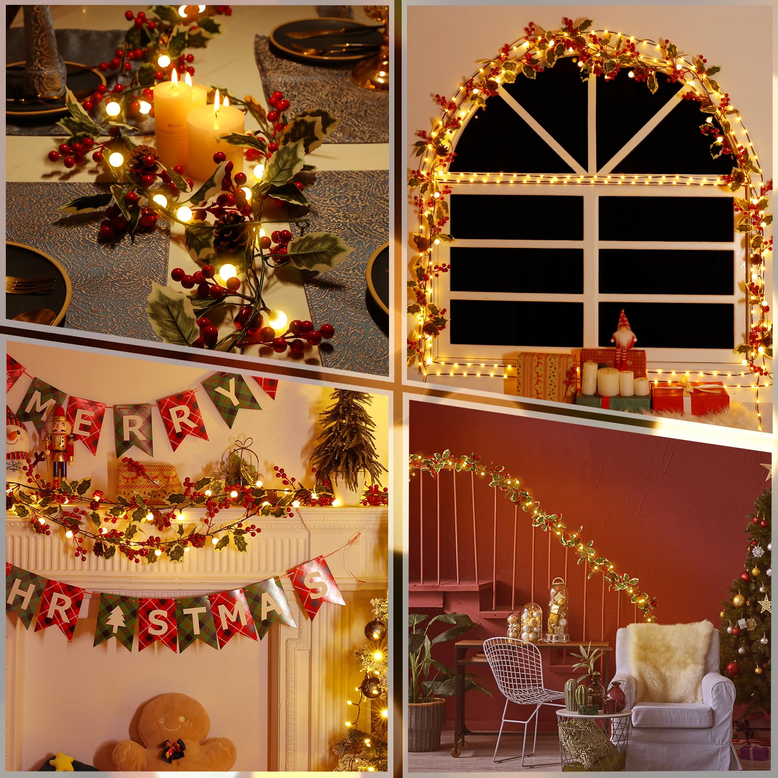 حزمة 2 من إكليل التوت الأحمر بمسافة 1.8 متر مع 40 مصباح LED – أوضاع إضاءة متعددة (8 أوضاع) لتزيين أضواء عيد الميلاد الرائعة، مثالي لترتيبات العطلات الاحتفالية.