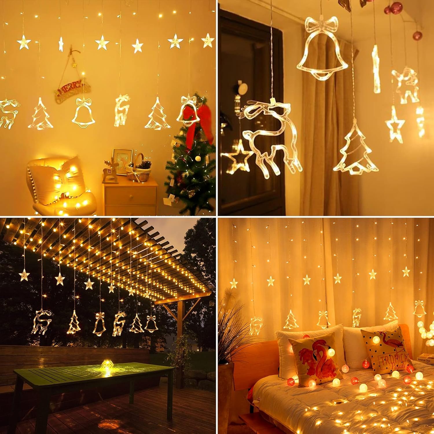 Quntis 138 LED Xmas Curtain Lights – 7.5ft Connectable Star, Elk & Jingle Bell Xmas Tree String Lights with 8 Flashing Modes