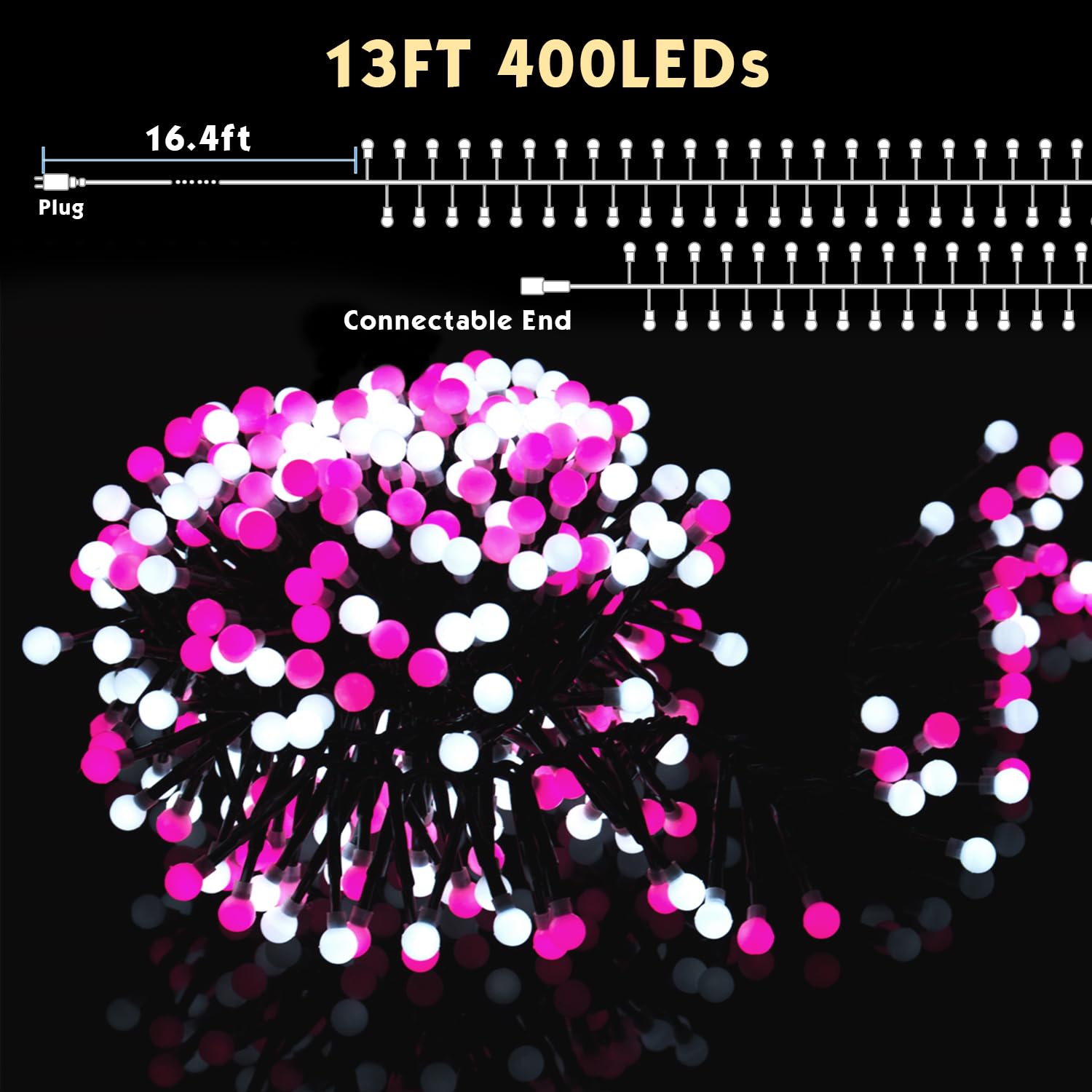 Quntis 13FT Cluster Christmas Lights, 400 LEDs – Pink & White, 8 Twinkle Modes for Holiday Decor
