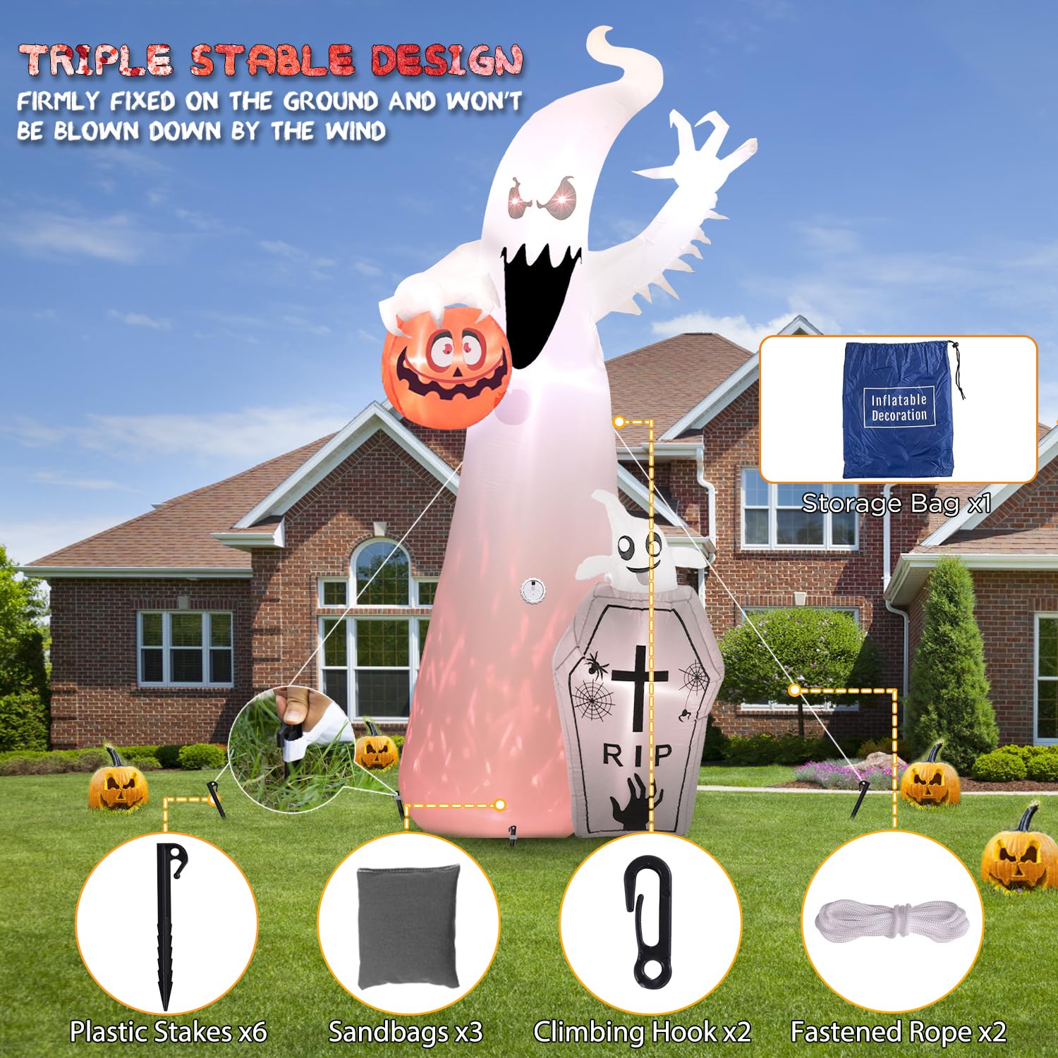 Quntis 12FT Halloween Inflatable RGB Outdoor Decoration with Projection Lights and Scary Sound, Halloween Blow Up Yard Decorations, Waterproof Inflatable Halloween Pumpkin Ghost with LED for Garden