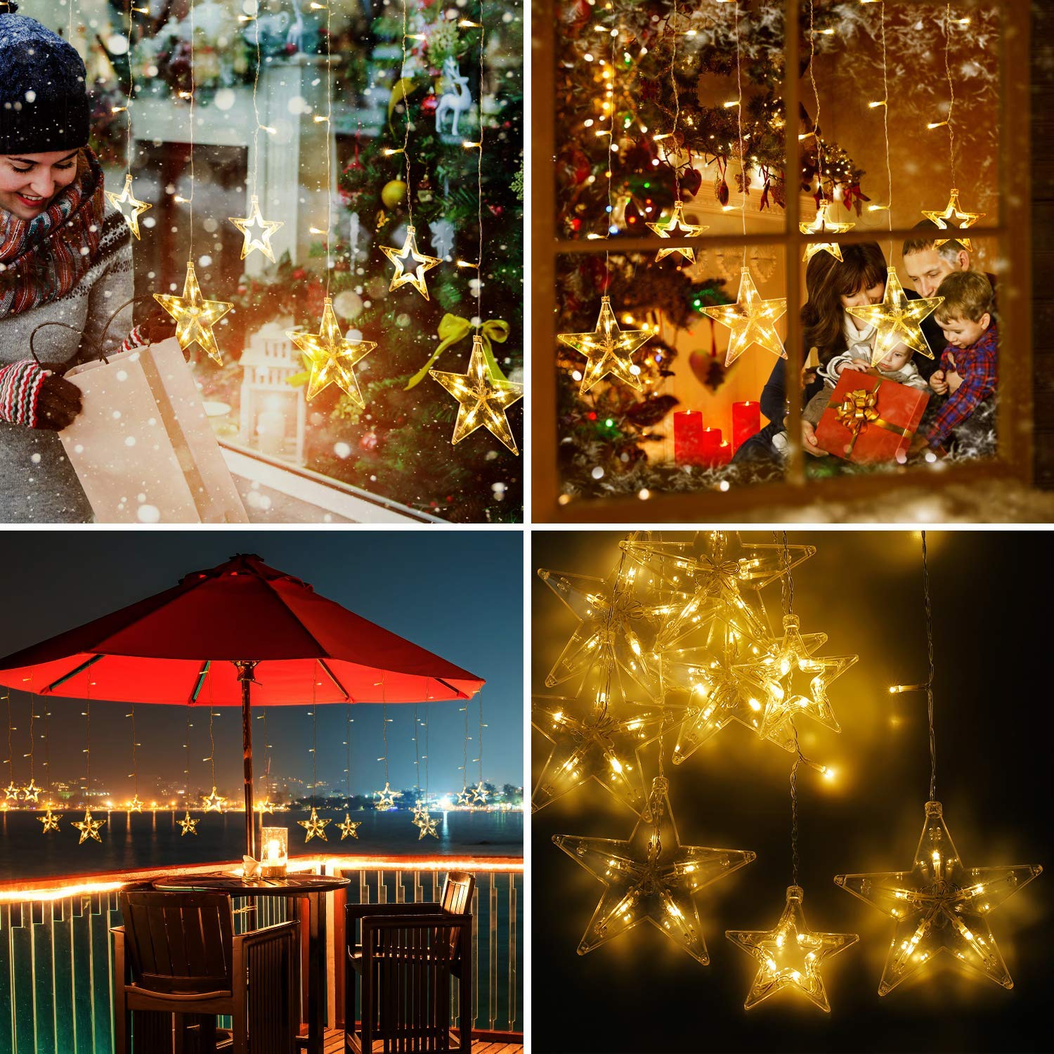Quntis 138 LED 12-Estrella Conectable 6.5ft Cortina Luces de Navidad – 8 Modos Intermitentes, Decoración de Vacaciones en Blanco Cálido para Navidad y Iluminación Festiva