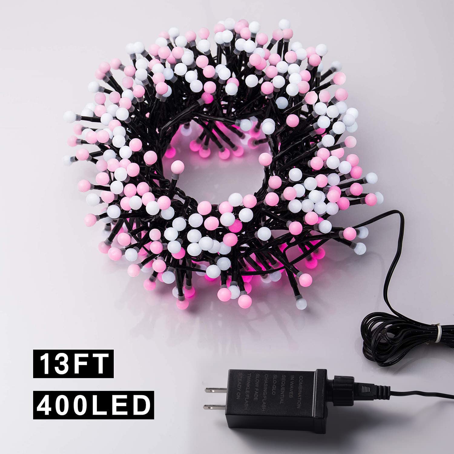 Quntis 13FT Cluster Christmas Lights, 400 LEDs – Pink & White, 8 Twinkle Modes for Holiday Decor