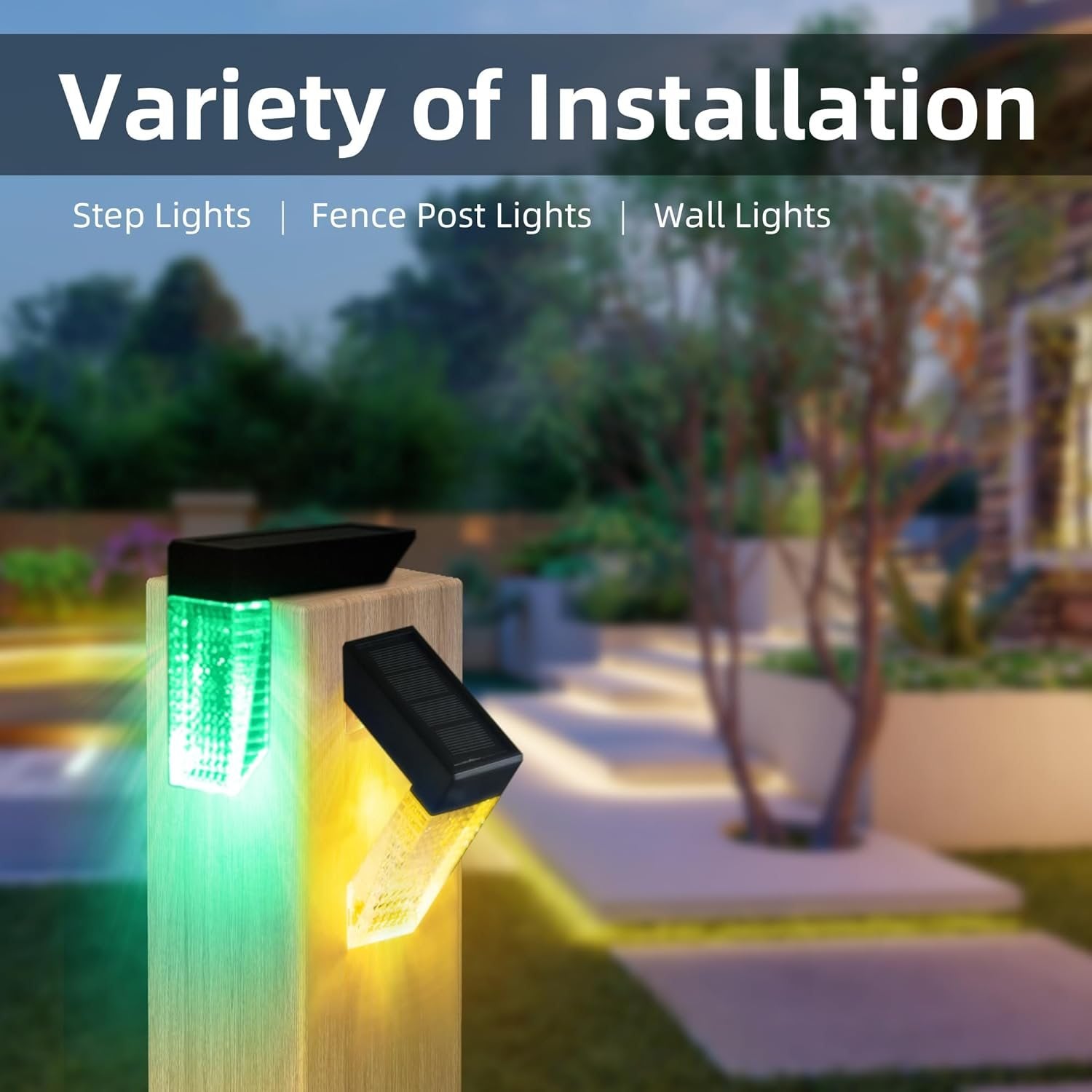 Solar Deck Lights Outdoor, 2 Lumens LED Solar Step Lights for Outdoor Stairs, Step, Fence, Yard, Patio, and Pathway (Warm White & RGB Colors