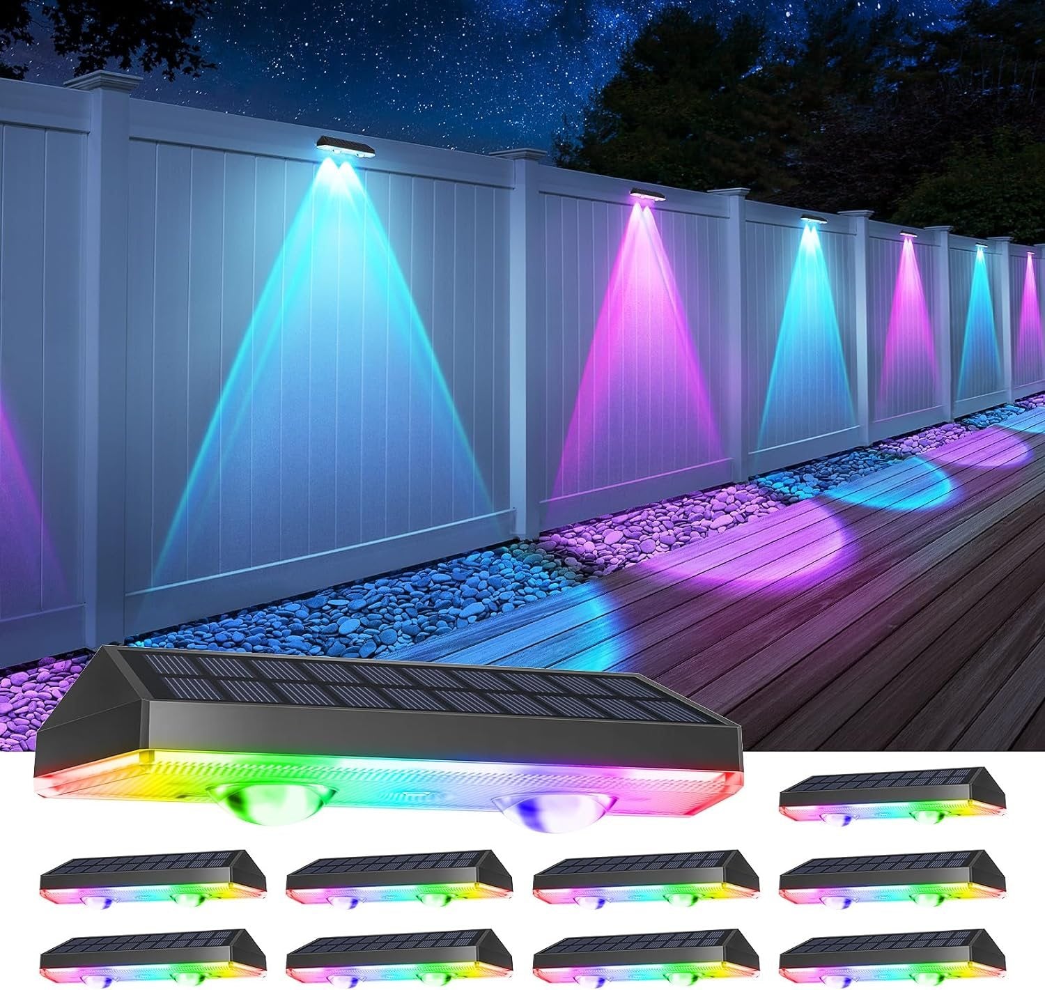 Solar Fence Lights Outdoor, Warm White & RGB LED Lights, Waterproof Solar Deck & Railing Lights for Patio, Stairs, Yard, and Backyard