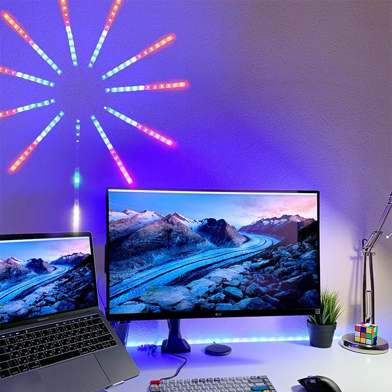 Smart Firework Led Strip Lights Indoor, Led Fireworks Lights Music/Mic Sync with Firework Launch Effect Remote & APP Control, RGB Color Changing Led Strip Lights for Room Party Decor