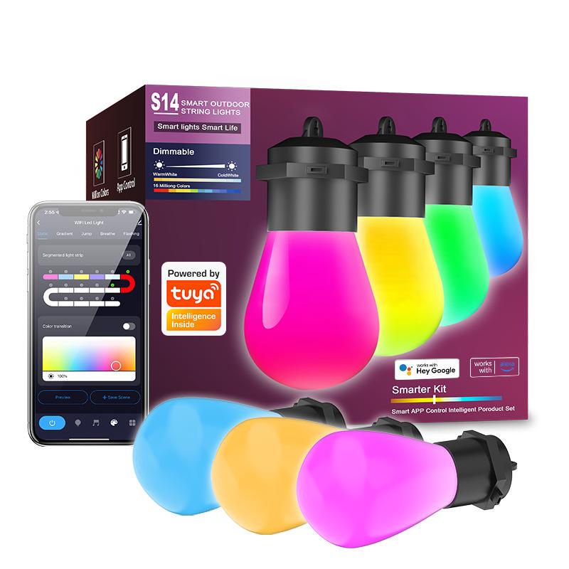 स्मार्ट आउटडोर स्ट्रिंग लाइट्स, RGB पैटियो लाइट्स 15 डिमेबल LED बल्बों के साथ, IP67 वॉटरप्रूफ, टाइमर, गर्म सफेद लाइट्स और संगीत सिंक के लिए बालकनी, पिछवाड़ा, पार्टी