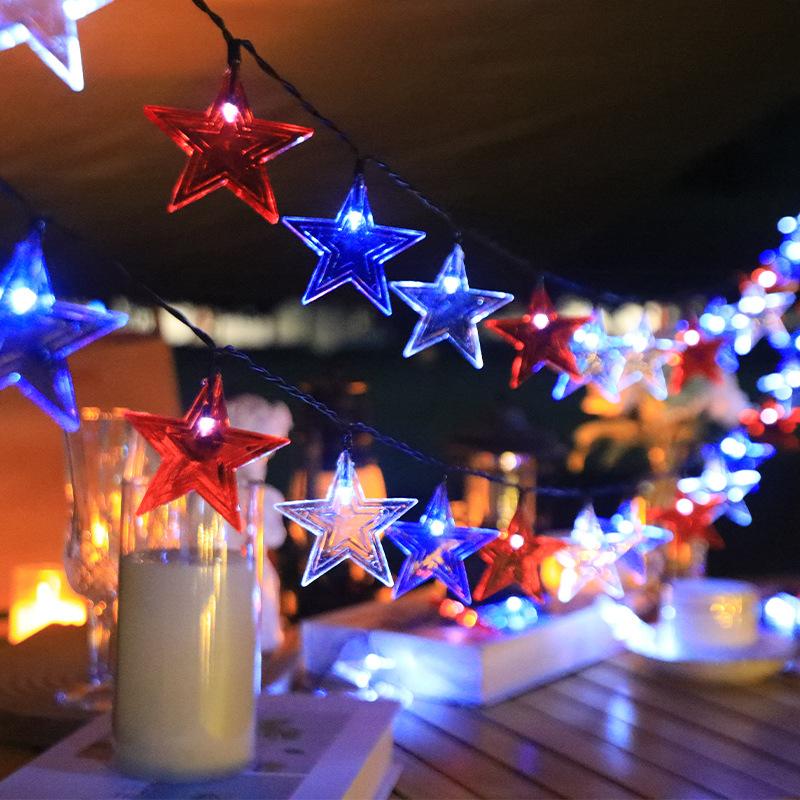 Outdoor Solar Christmas Lights, 4th of July Star LED String Lights, Red White Blue Patriotic String with 6H Timer, Waterproof Decorative Fairy Lights for Independence Day & Christmas Decor