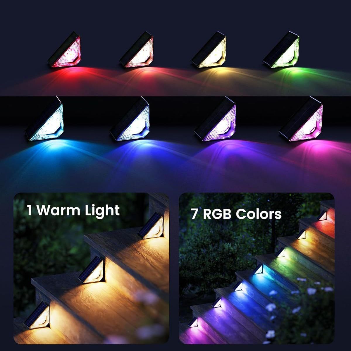 Quntis RGBWW Solar Step Lights, Warm White and 7 Colors, IP65 Waterproof Triangle Solar Lighting for Outdoor Stairs