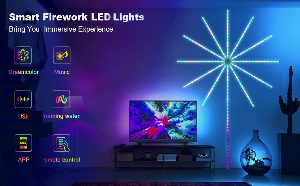Smart Firework Led Strip Lights Indoor, Led Fireworks Lights Music/Mic Sync with Firework Launch Effect Remote & APP Control, RGB Color Changing Led Strip Lights for Room Party Decor