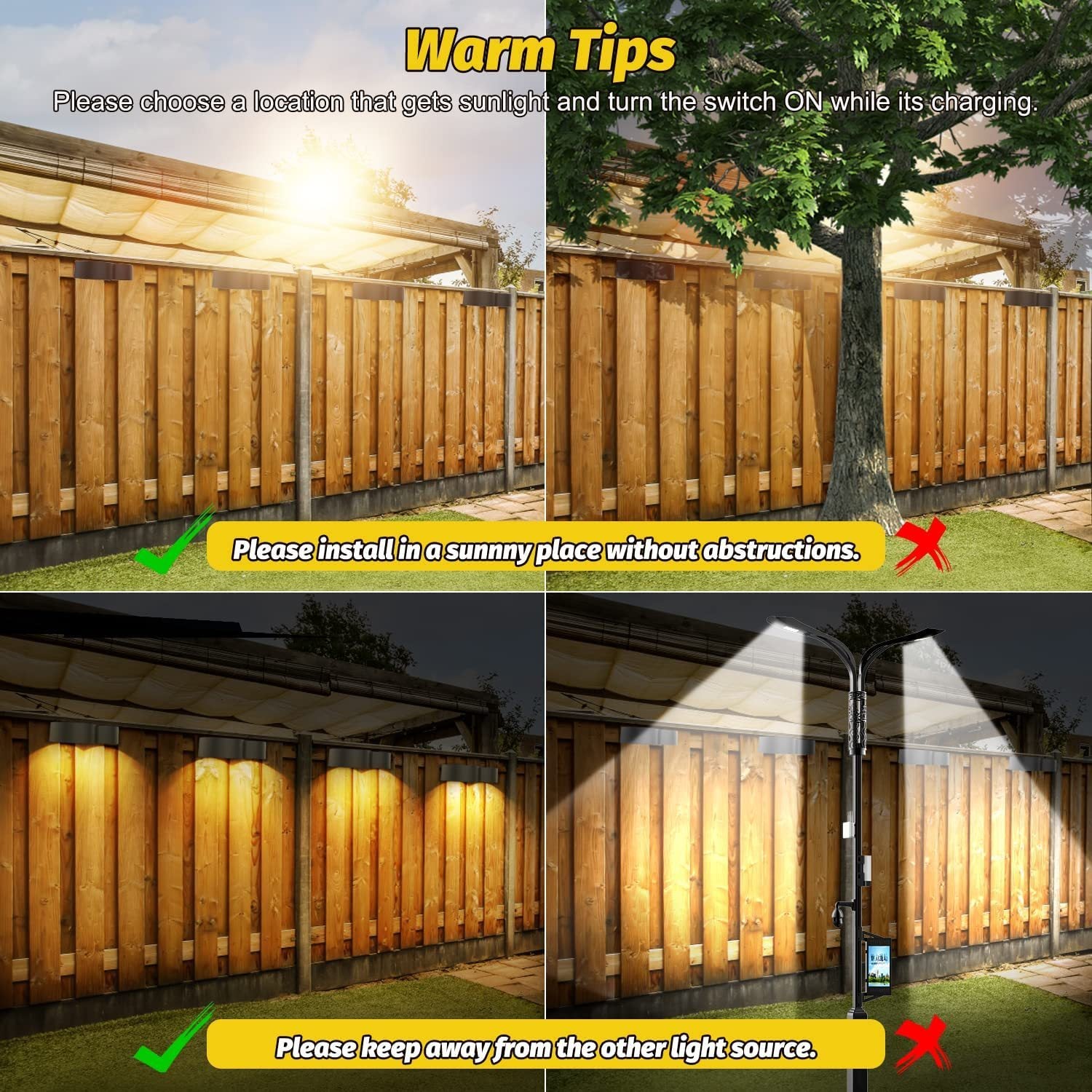 Solar Waterproof Fence & Wall Lights – IP65, Warm White & 8 RGB Fixed Colors for Deck, Patio