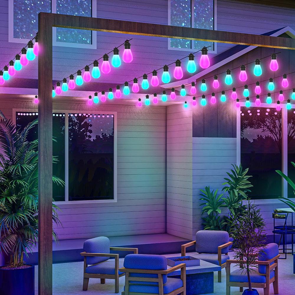 स्मार्ट आउटडोर स्ट्रिंग लाइट्स, RGB पैटियो लाइट्स 15 डिमेबल LED बल्बों के साथ, IP67 वॉटरप्रूफ, टाइमर, गर्म सफेद लाइट्स और संगीत सिंक के लिए बालकनी, पिछवाड़ा, पार्टी