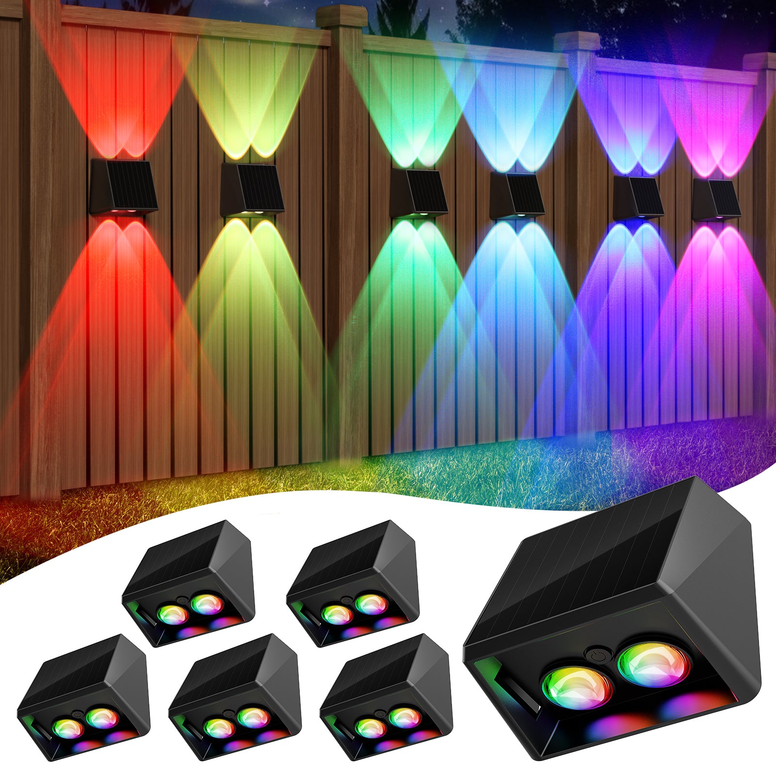 Quntis RGBCW Solar Lights Outdoor ,13Modes,RGB Colors + Warm & Cool White, Up/Down Fence Lights, IP65 Waterproof Dusk to Dawn Solar Deck Lights for Patio, Yard, Garden