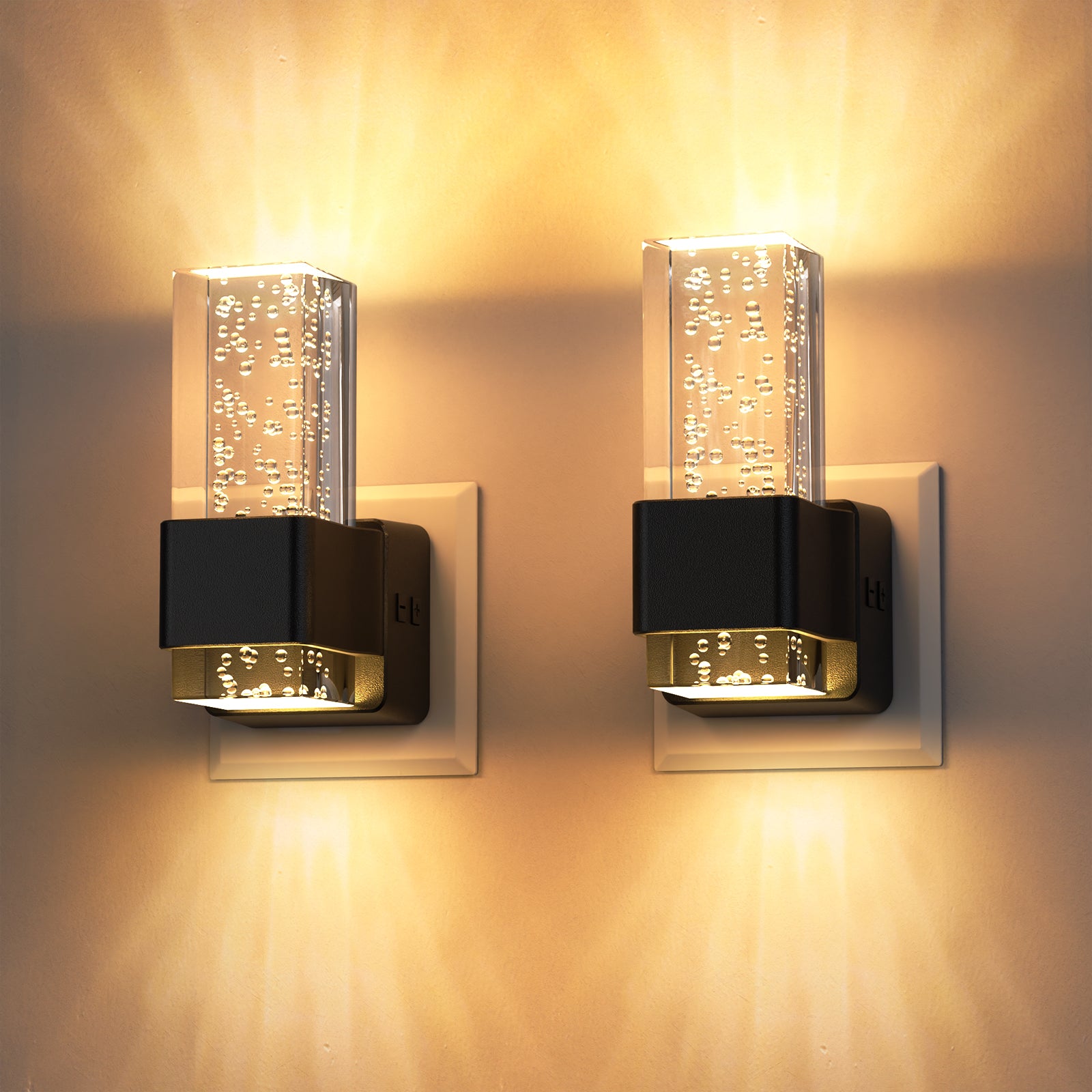 2-Pack Square Crystal Bubble Night Lights, Soft Warm Glow with Premium Black Shell, Decorative Plug-in Wall Light