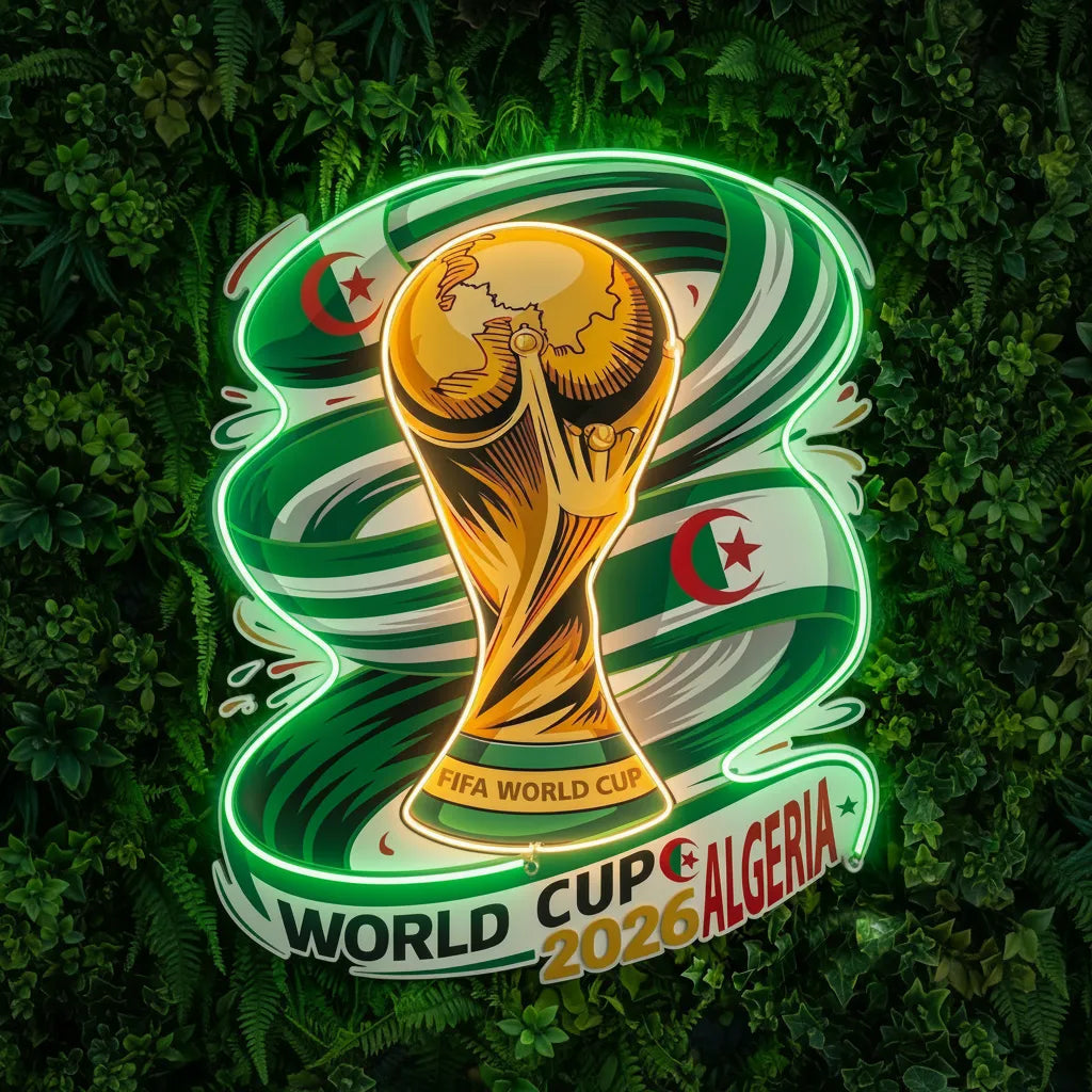 Algeria 2026 World Cup Neon Sign - Green Ribbon and Golden Trophy Soccer Fan Wall Decor
