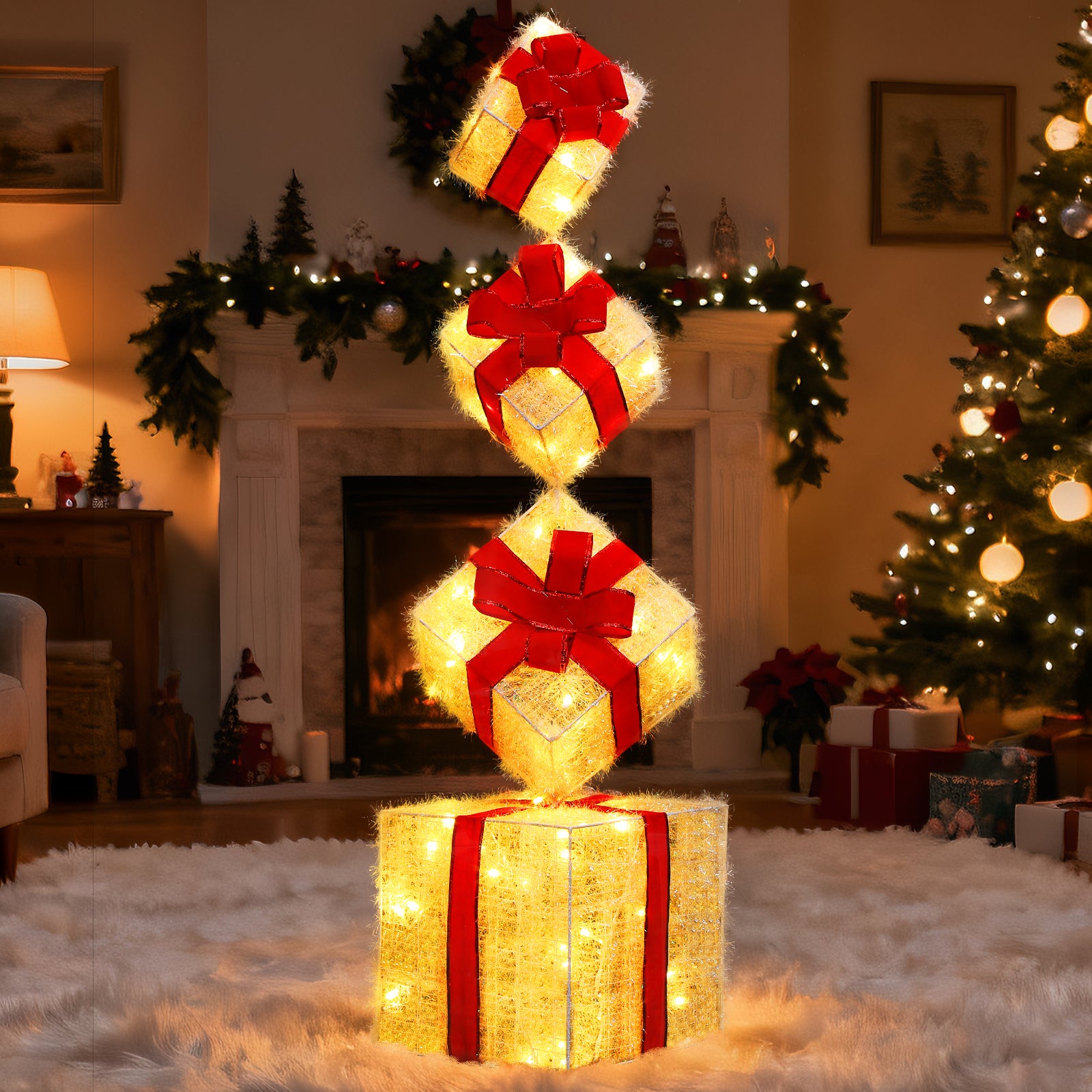 Quntis LED Christmas Gift Box Set 4 Piece Warm White Lights Stacked Present Boxes with 8 Lighting Modes for Holiday Decor