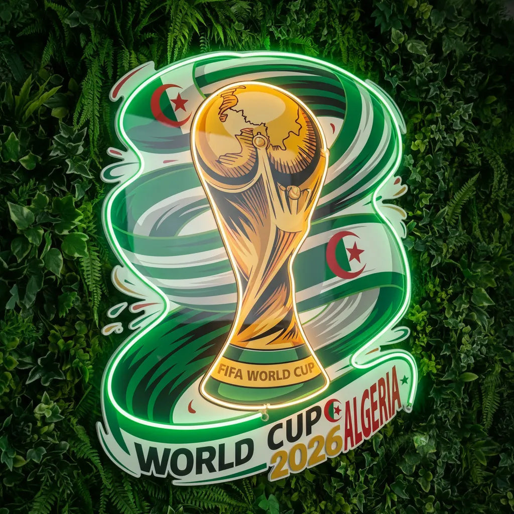 Algeria 2026 World Cup Neon Sign - Green Ribbon and Golden Trophy Soccer Fan Wall Decor