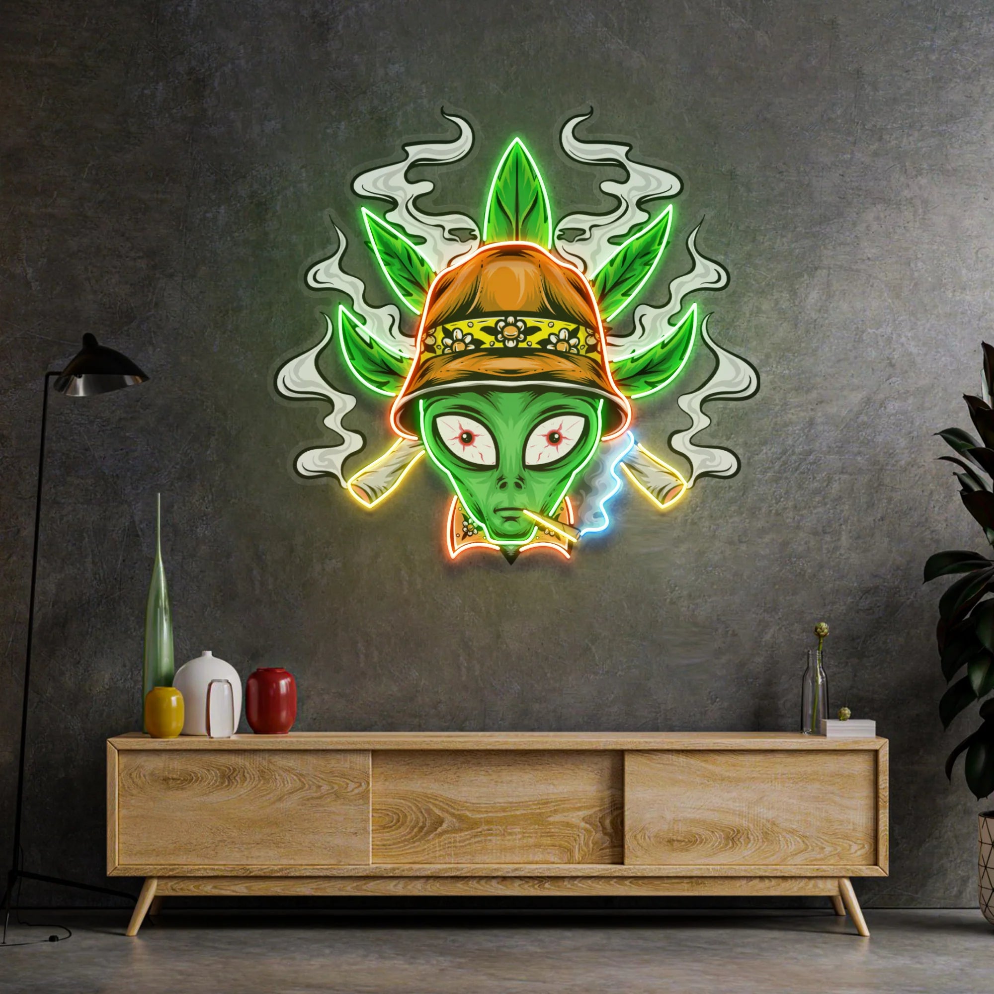 Smoking Alien LED Neon Sign – Trippy Pop Art Wall Light with Weed Leaf Design for Game Room, Bar, or Man Cave Decor