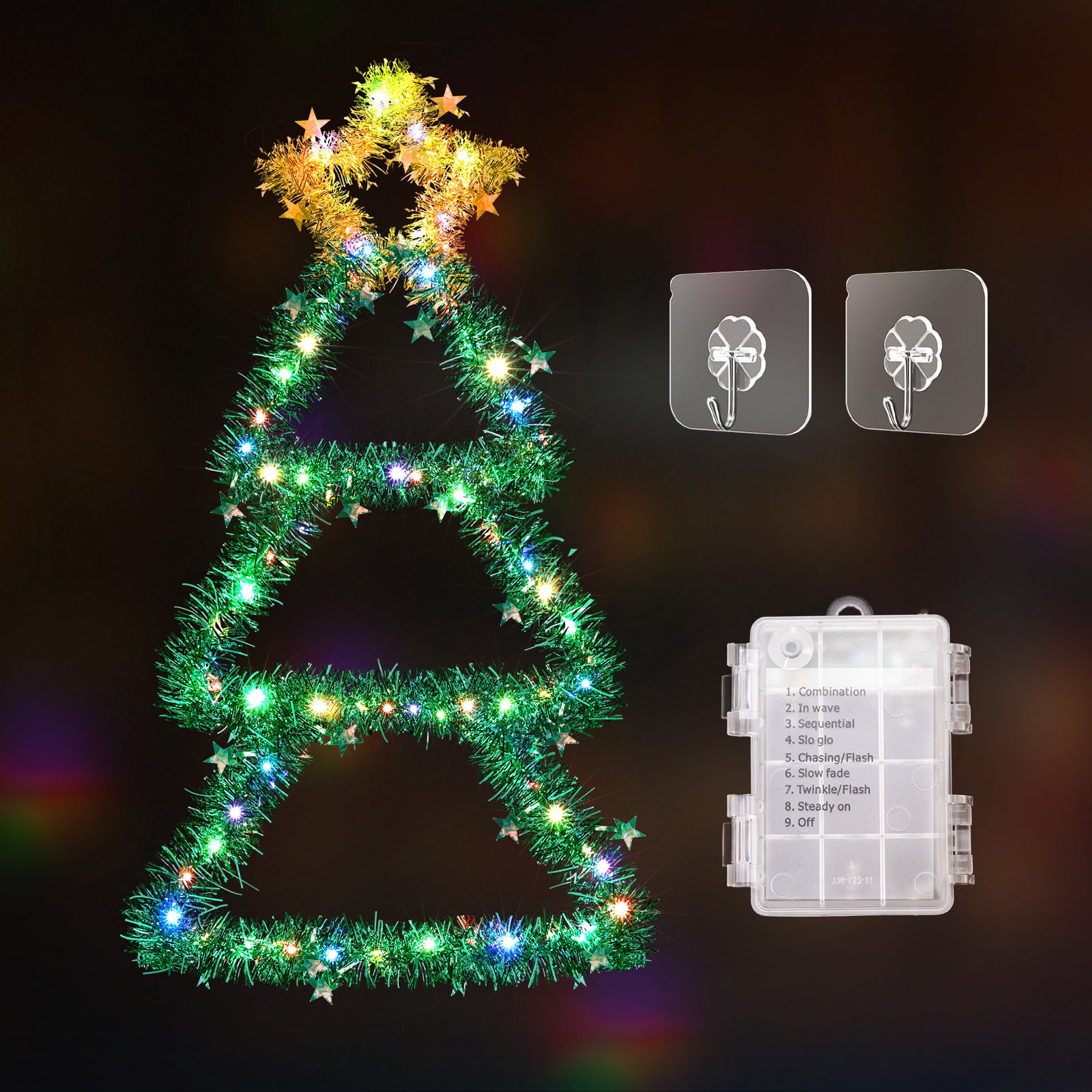 Quntis Metal Christmas Tree with Lights – Color Changing Battery-Powered Christmas Window Lights (30 x 14 Inches), 8 Modes & Timer, Foldable Wall Hanging Holiday Decor for Indoor/Outdoor Use