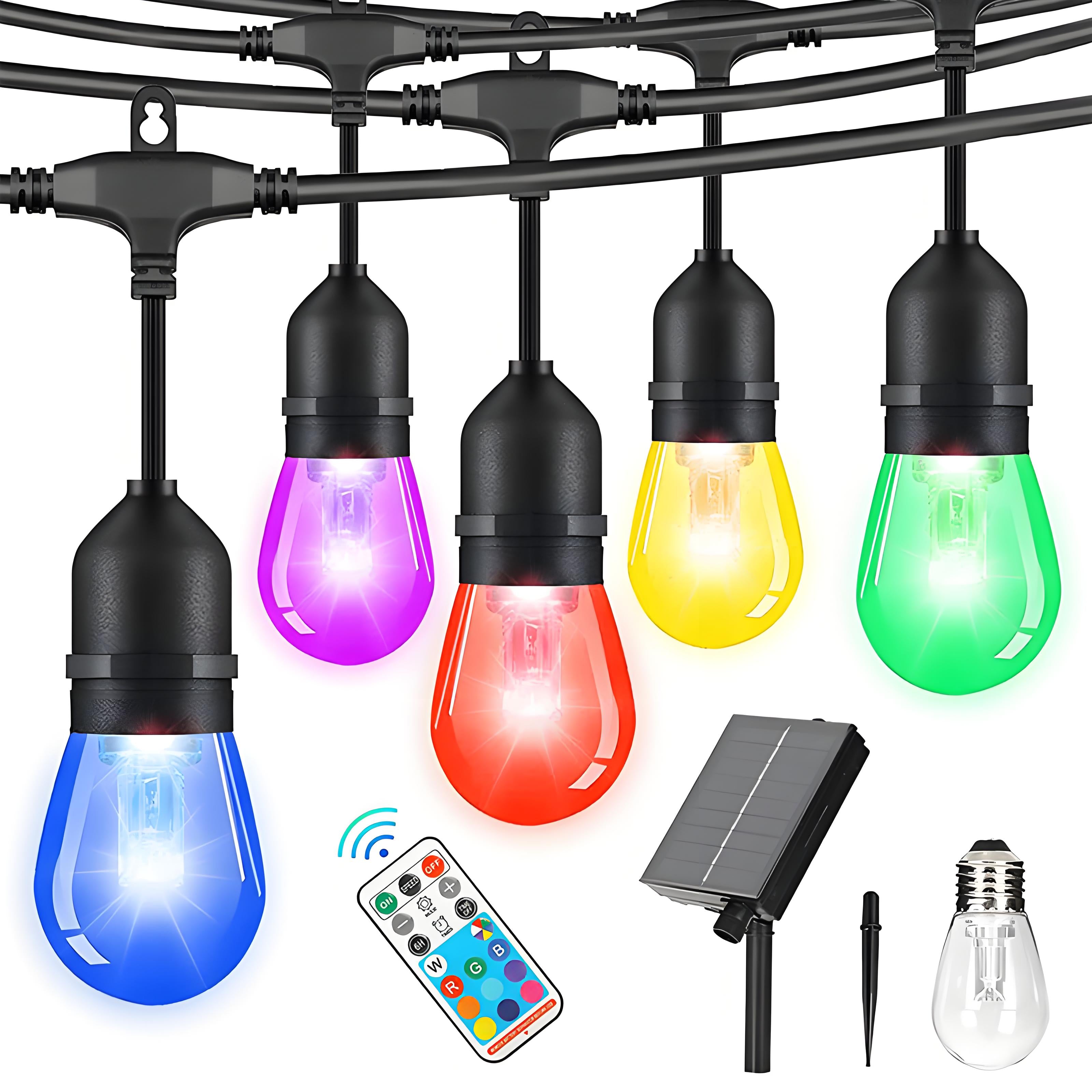 S14 Solar Powered Chasing String Lights – RGB Color Changing Bulbs with Remote & 8 Lighting Modes, Waterproof Outdoor Patio Lights for Garden & Christmas Decor