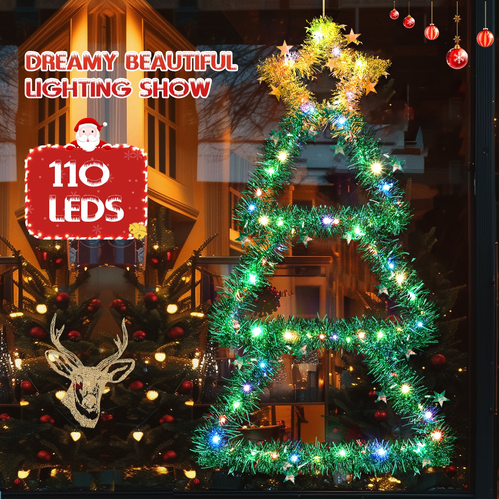 Quntis Metal Christmas Tree with Lights – Color Changing Battery-Powered Christmas Window Lights (30 x 14 Inches), 8 Modes & Timer, Foldable Wall Hanging Holiday Decor for Indoor/Outdoor Use
