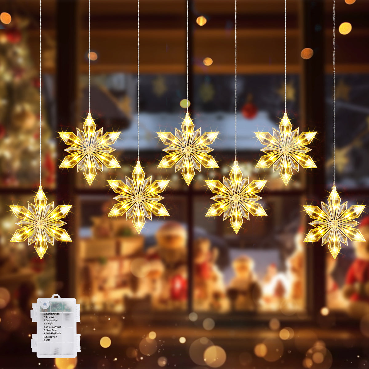 Quntis 7-Piece Crystal Snowflake Window Lights, 84 LED Warm White Battery Operated