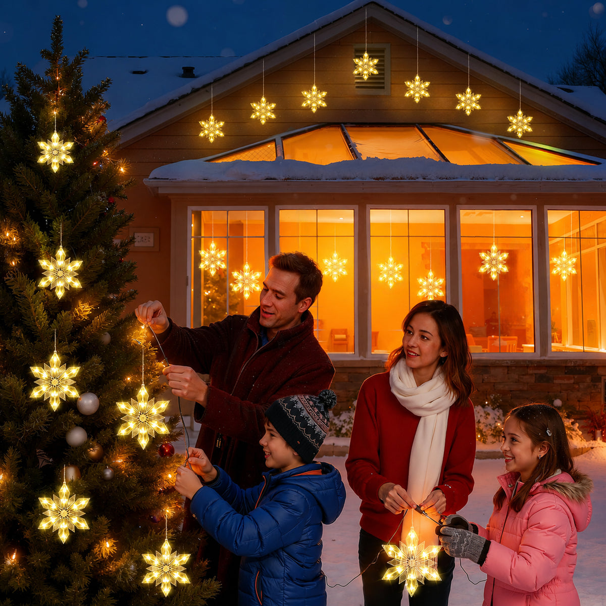 Quntis, guirlande lumineuse de fenêtre en forme de flocons de neige en cristal, 7 pièces, 84 LED blanc chaud à piles
