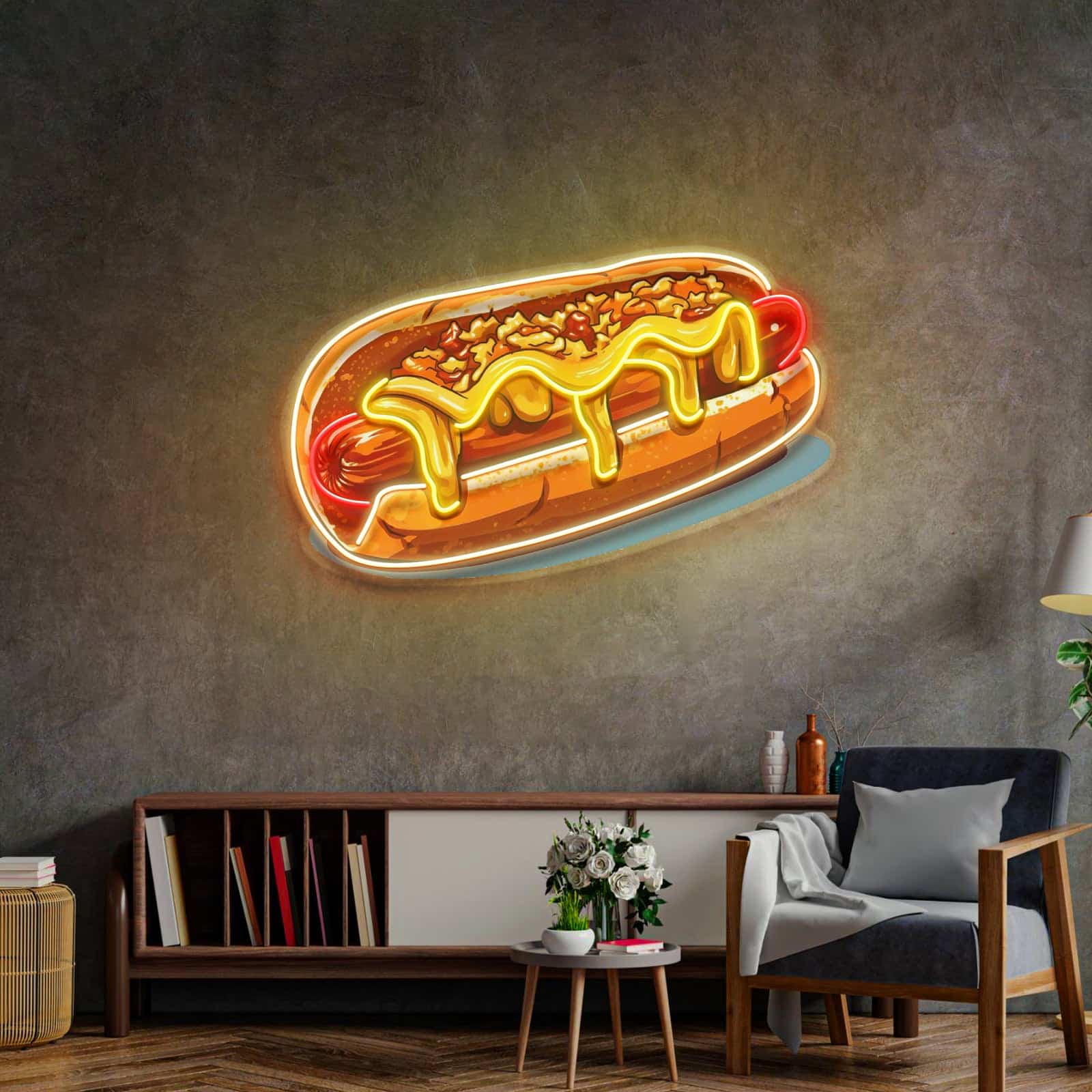 Diseño Divertido de Neón de Hot Dog con Mostaza y Relish para Comedores, Cafés y Cocinas