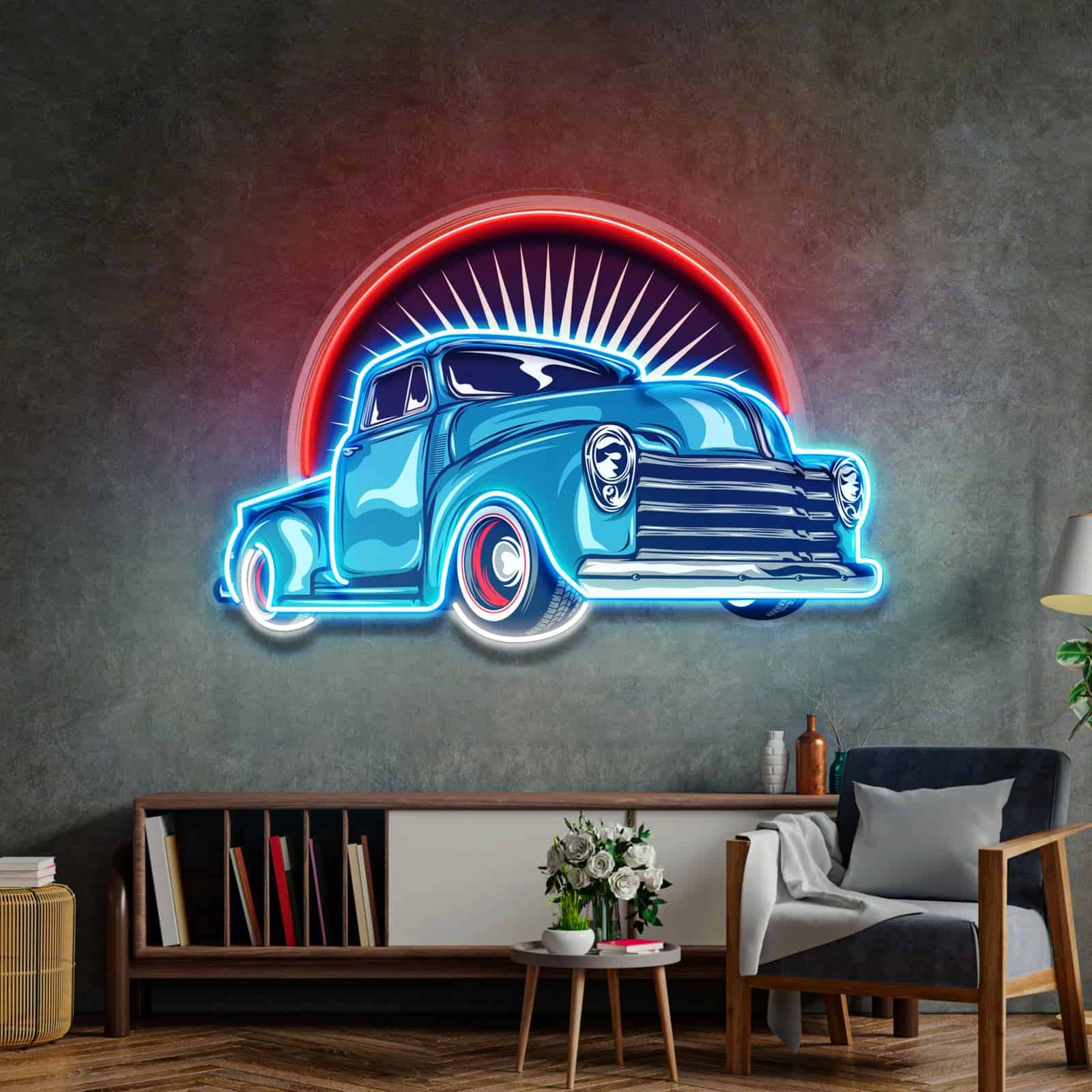 Panneau Néon Camion Bleu Rétro, Fond Éclat de Soleil Classique ¨C Parfait pour Garages, Salles de Loisirs, Bars et Salons