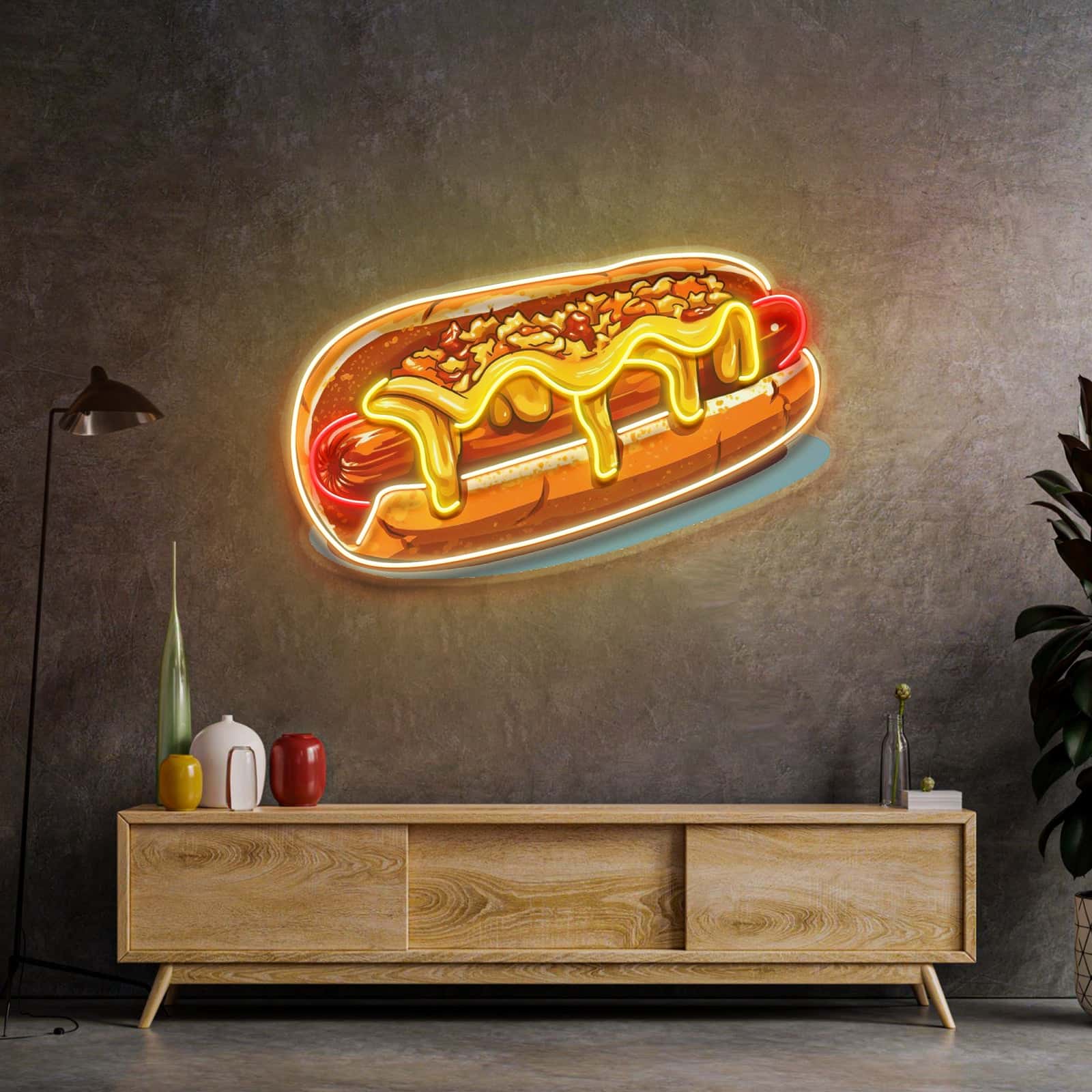 Diseño Divertido de Neón de Hot Dog con Mostaza y Relish para Comedores, Cafés y Cocinas