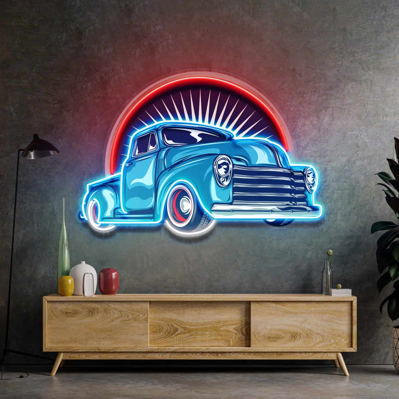 Panneau Néon Camion Bleu Rétro, Fond Éclat de Soleil Classique ¨C Parfait pour Garages, Salles de Loisirs, Bars et Salons