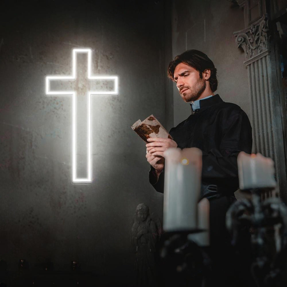 Glowing Cross Neon Wall Light – Minimalist Christian LED Sign for Home & Church Decor