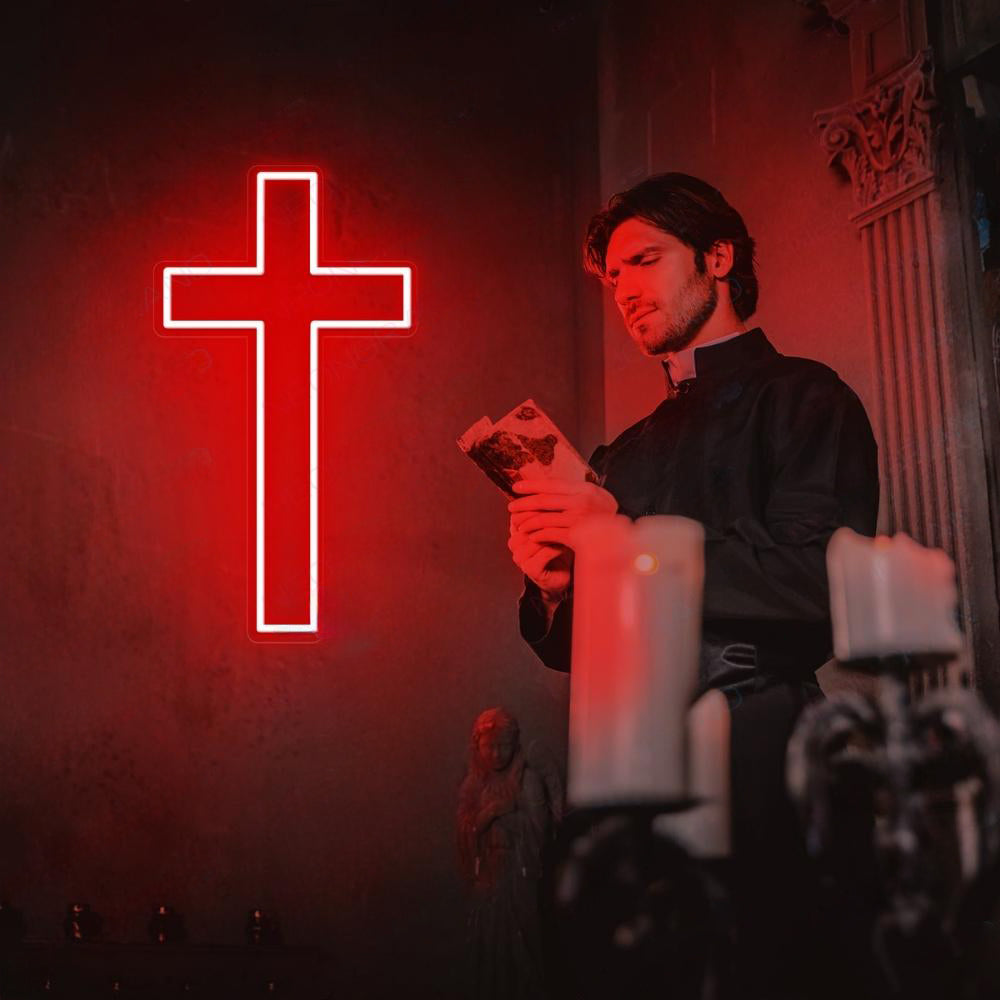 Glowing Cross Neon Wall Light – Minimalist Christian LED Sign for Home & Church Decor