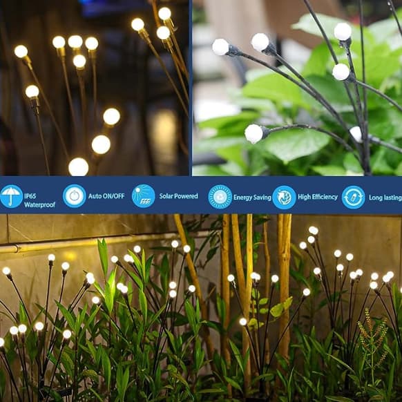 Luces de Jardín Solares - Nueva Luz Solar Mejorada que Se Balancea, Se Balancea con el Viento, Luces Solares para Exteriores, Decoración para Patio y Sendero, Alambre de Hierro de Alta Flexibilidad y Base de Bombilla Pesada, Blanco Cálido