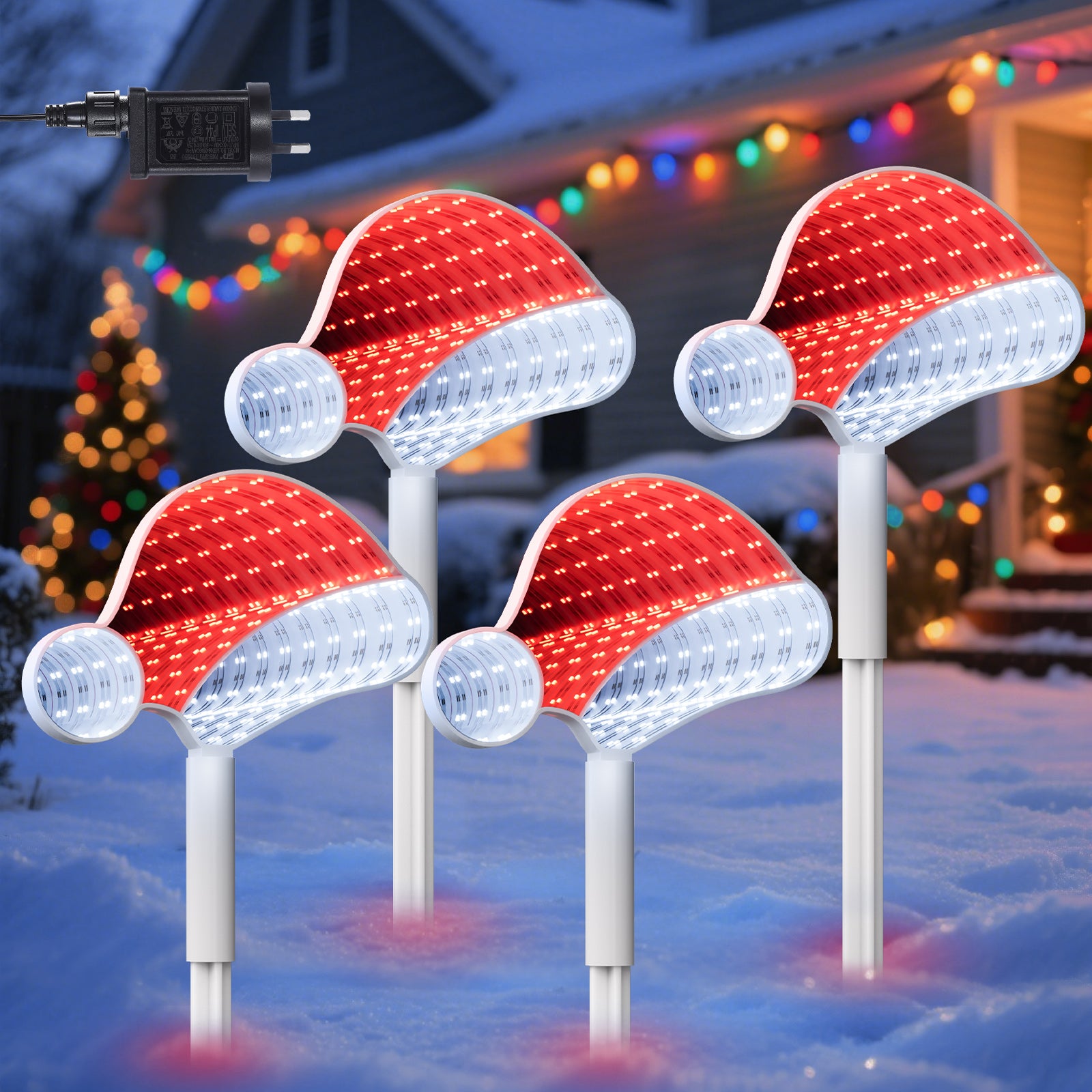Quntis 1 Pack（4Pcs）Outdoor 3D Mirror Santa Hat Stake Lights – LED Christmas Decorations for Lawn & Walkway