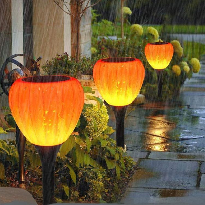 Solar LED Flame Globe Light – Outdoor Waterproof Garden Landscape Lamp, Pumpkin Balloon Style, Flickering Fire Effect, Ground Stake Pathway Light