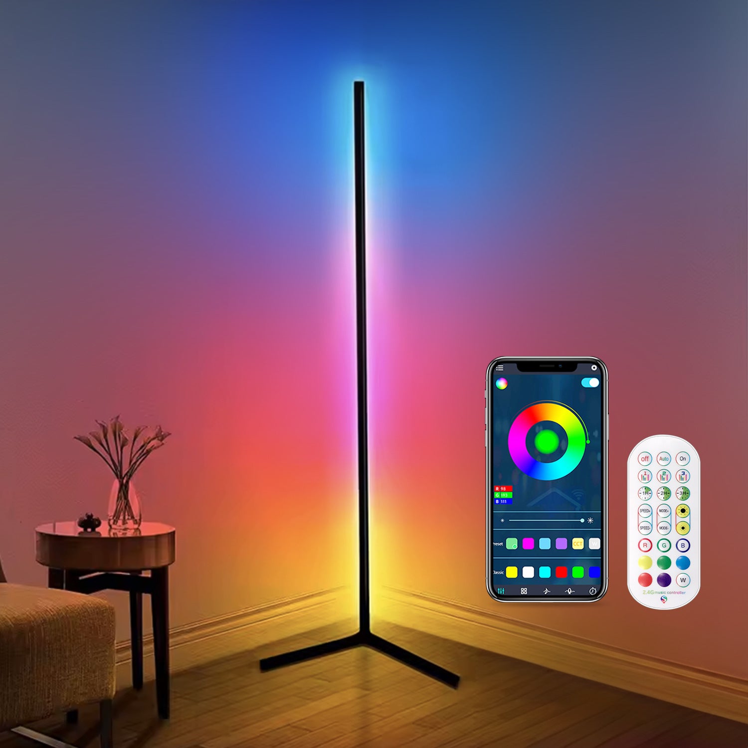 Угловая напольная лампа, RGB цветная изменяющаяся настроечная лампа с дистанционным управлением, диммируемая светодиодная угловая лампа с синхронизацией музыки, современная напольная лампа для гостиной и игровой комнаты